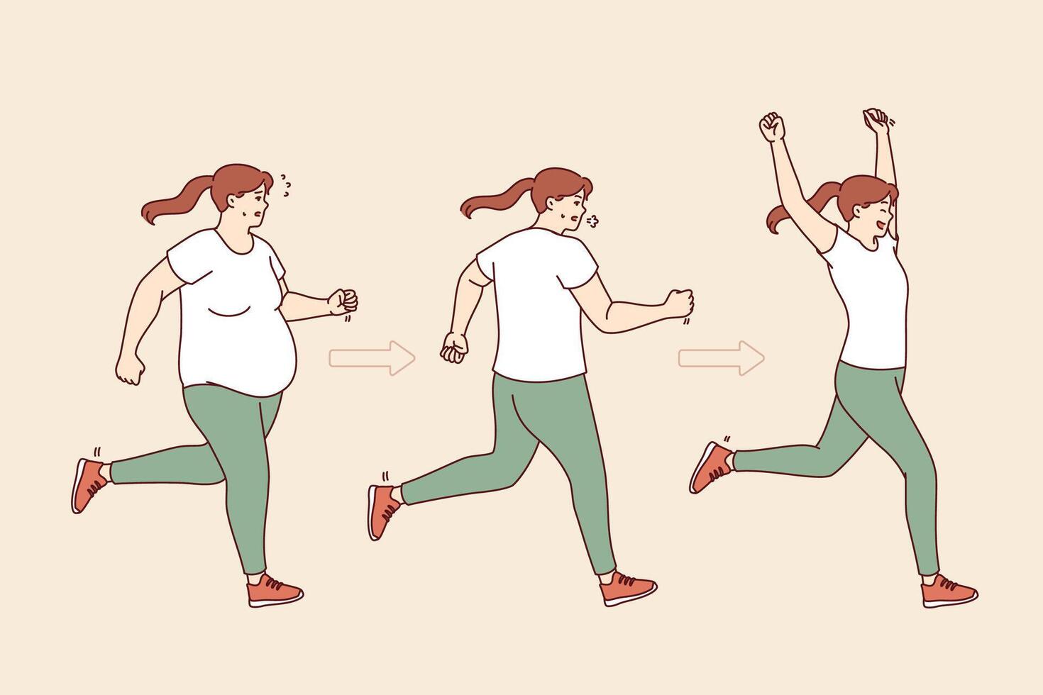 Process losing weight of fat woman running and getting beautiful slender figure thanks to training vector