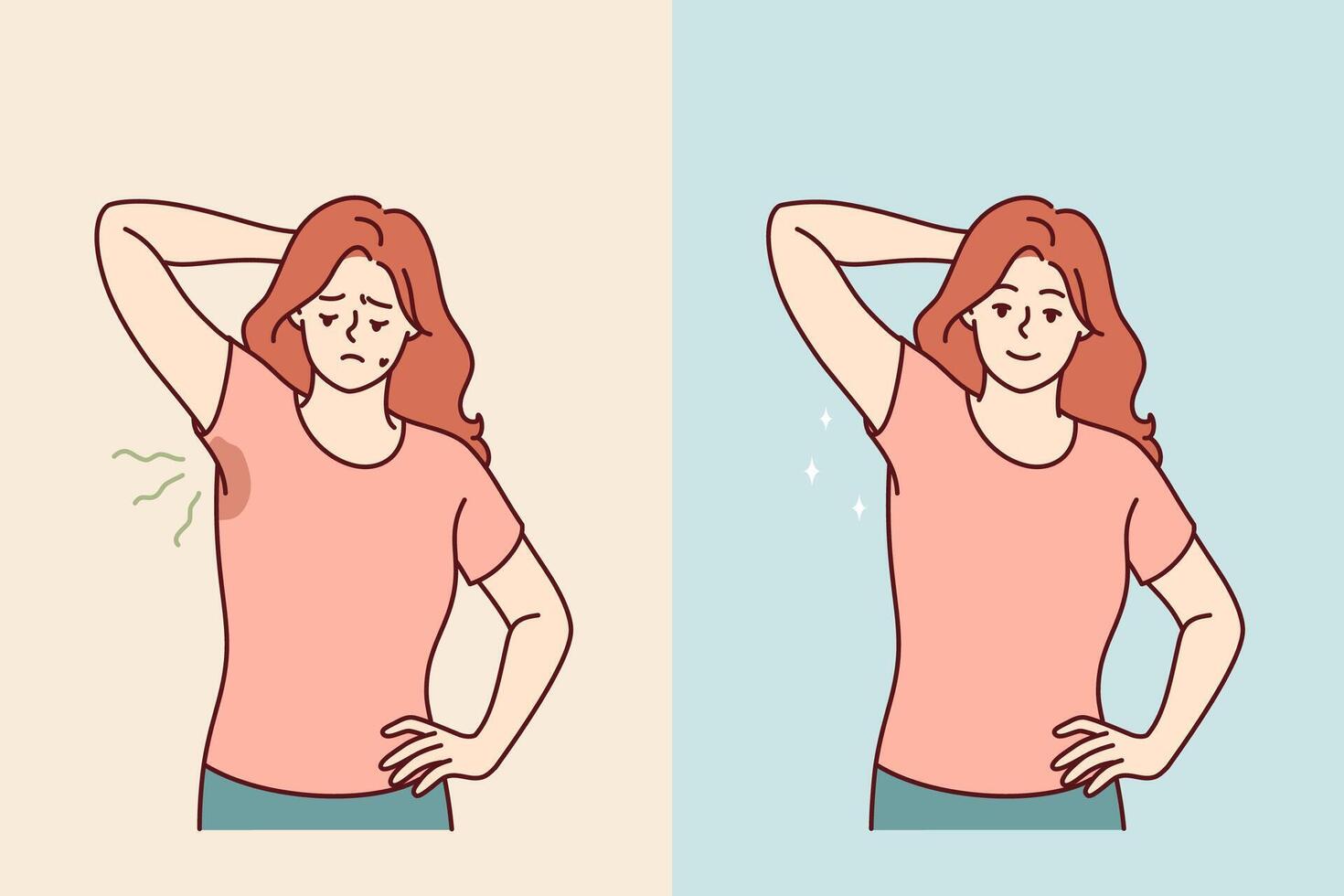 Woman with sweaty armpits rejoices after smell and stains on clothes disappear thanks to deodorant vector