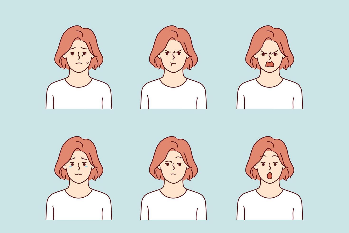 Negative woman shows different grimaces, experiencing mental crisis, after onset of dark streak vector