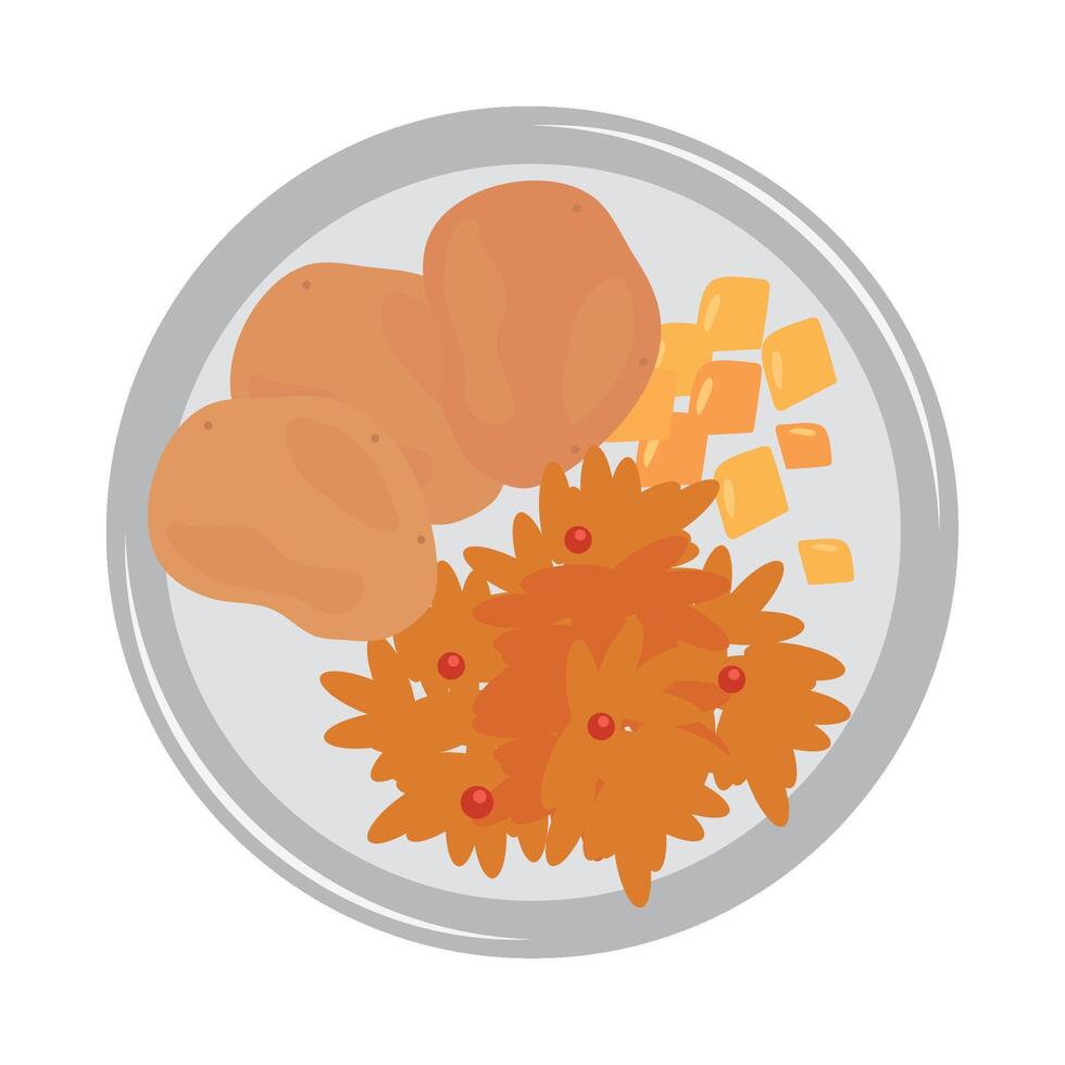 Plate with food on it, including potatoes, carrots, and cheese vector