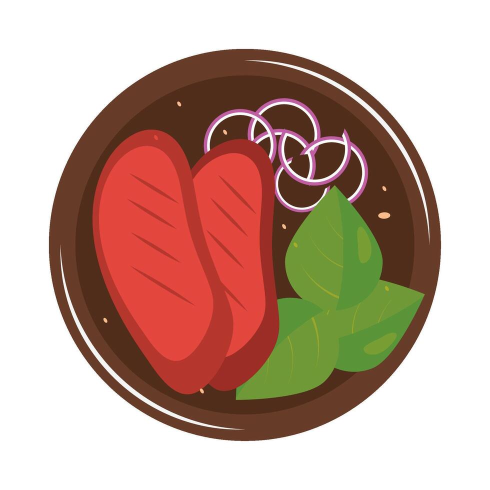 A plate with meat and vegetables on it vector