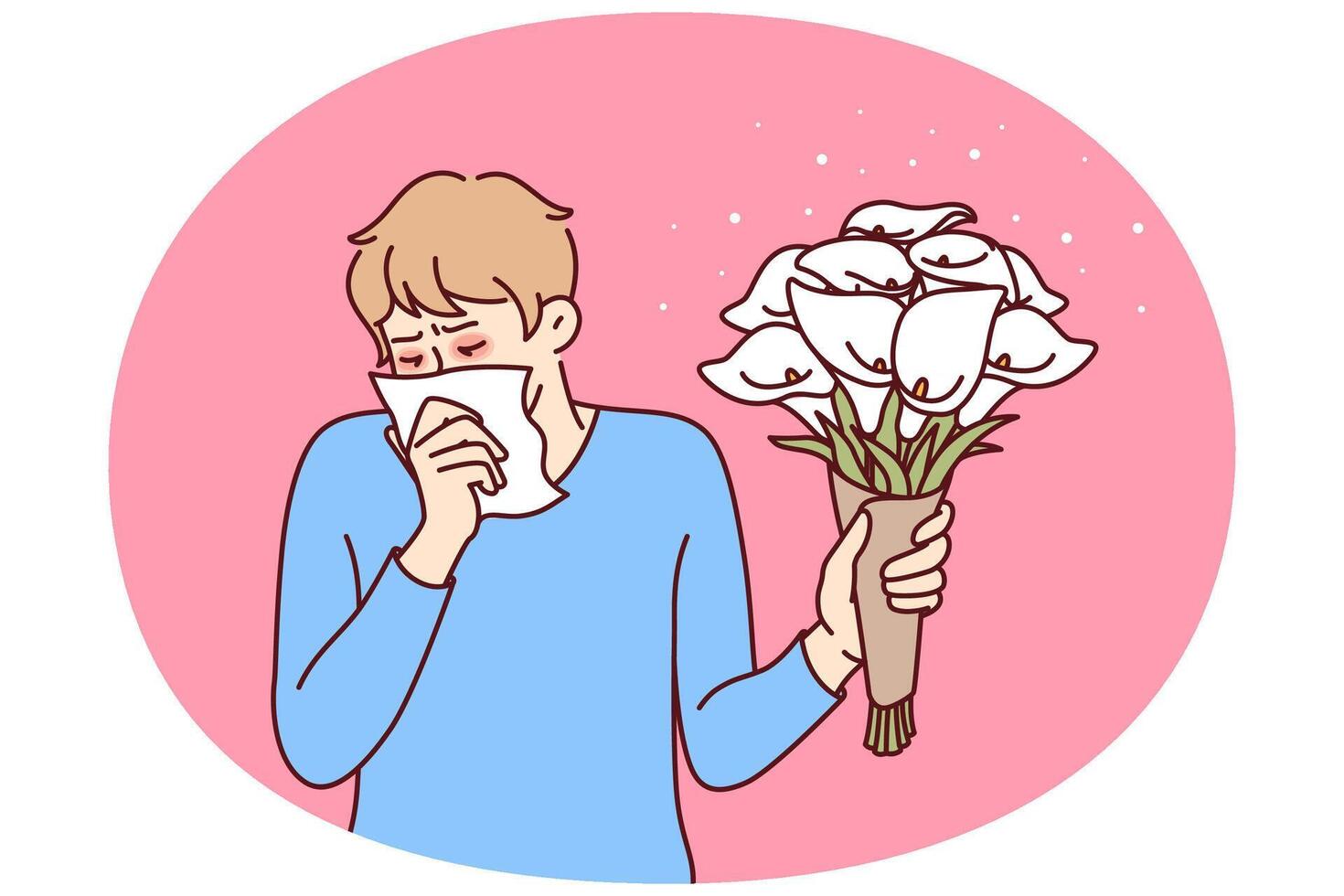 Allergic man holding bouquet flowers and using handkerchief suffering from pollen vector