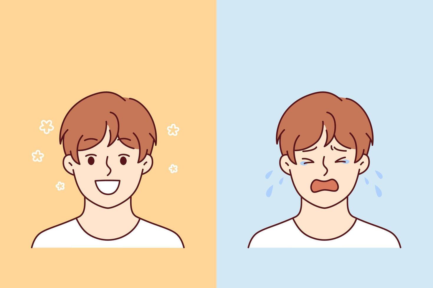 Little boy smiles and begins to cry due to fatigue or problems with socialization vector