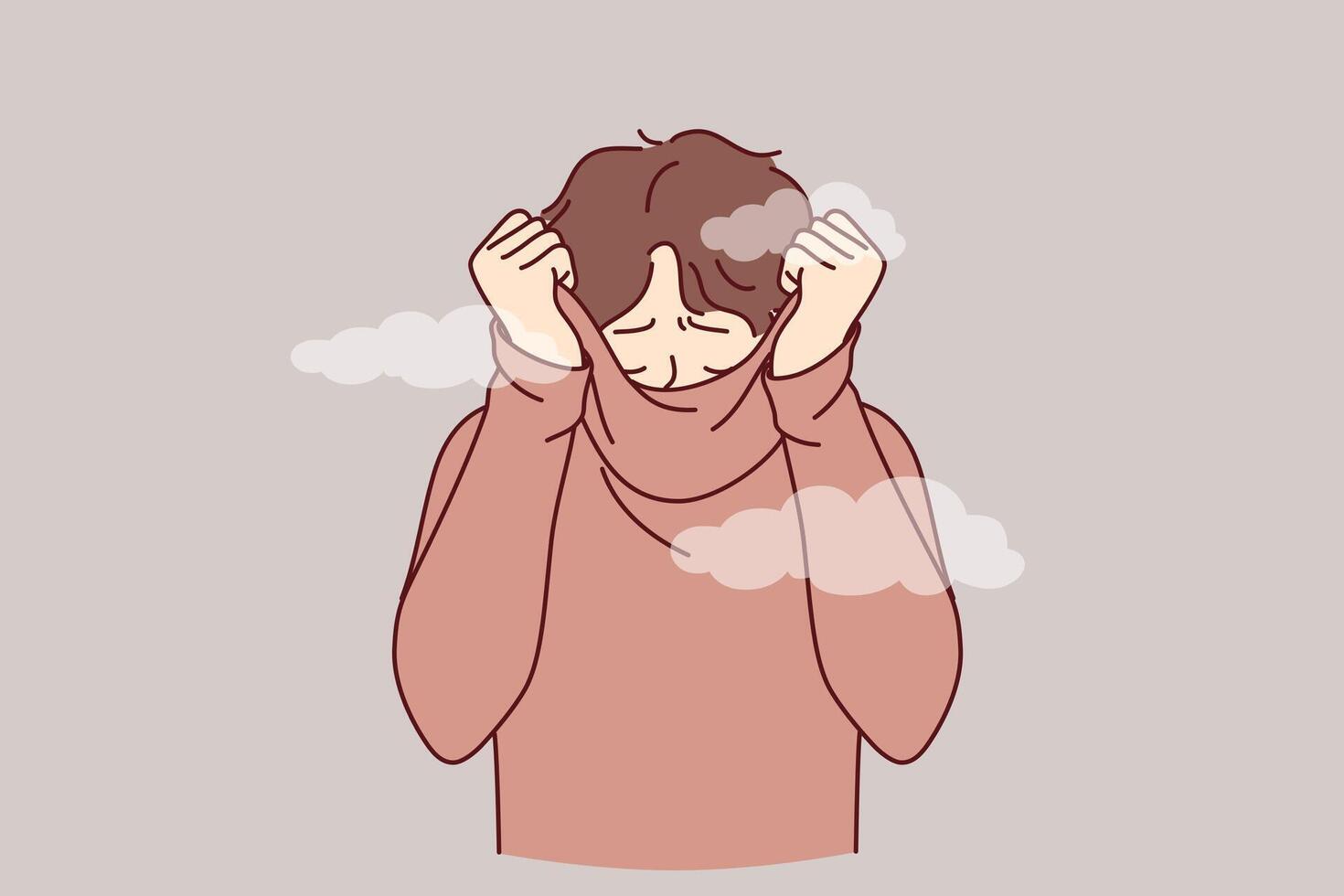 Depressed man hides face behind collar of sweater, feeling ashamed of actions, causing stress vector