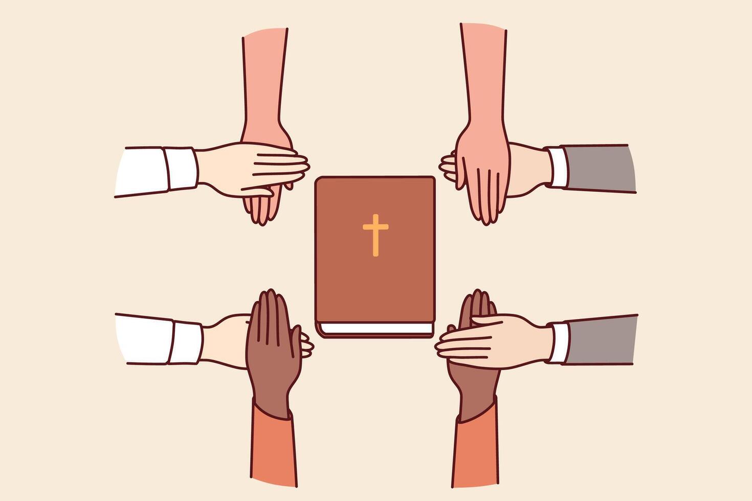Hands of christian believers held bible, which allows them to commune with lord. vector