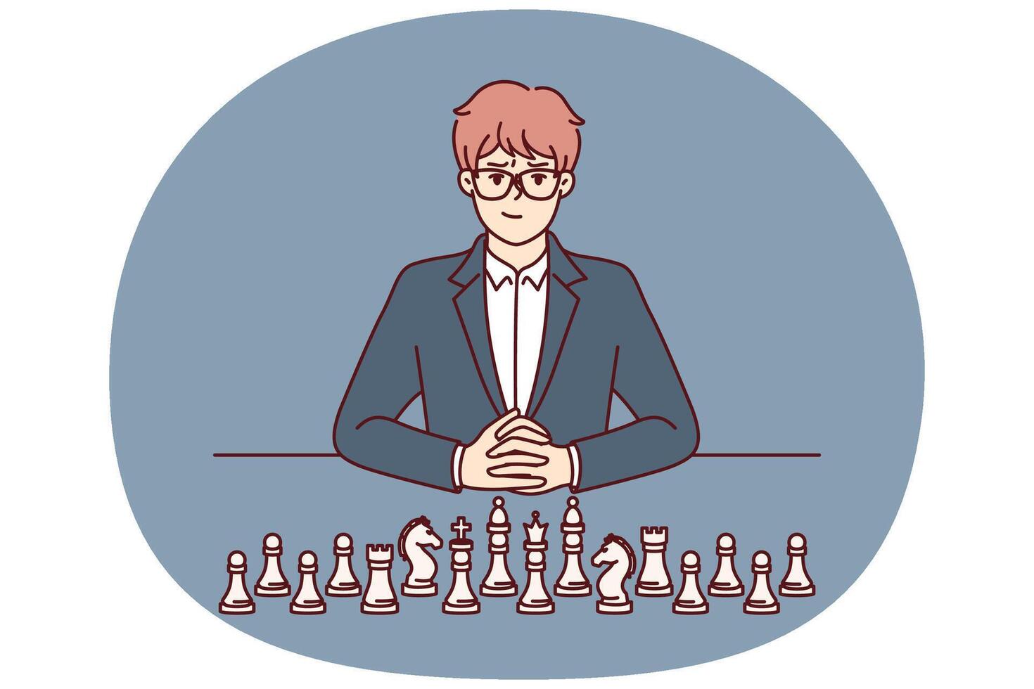 Business man with chess pieces sits at table and looks at screen for concept of strategic planning vector