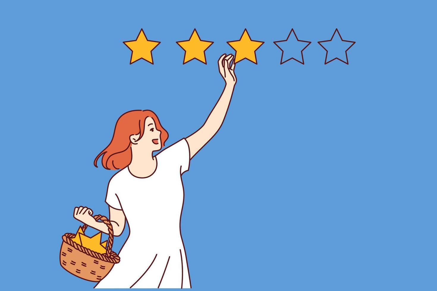 Satisfied woman gives three-star rating, leaving positive feedback after using services vector