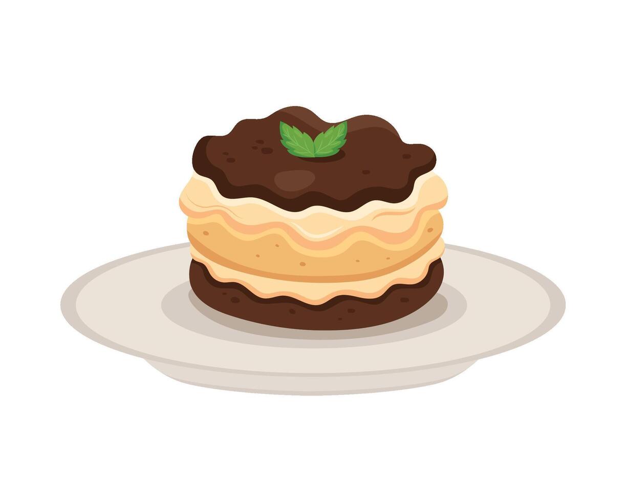 A cake with chocolate frosting and mint on a plate vector