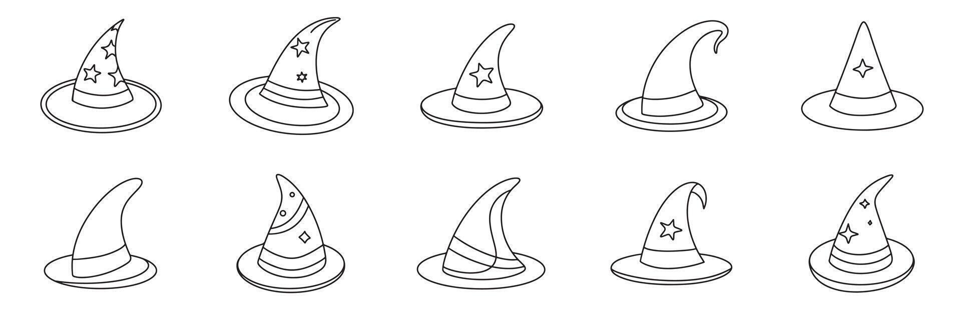 Collection of witch cap in doodle style. Hand drawn art. vector