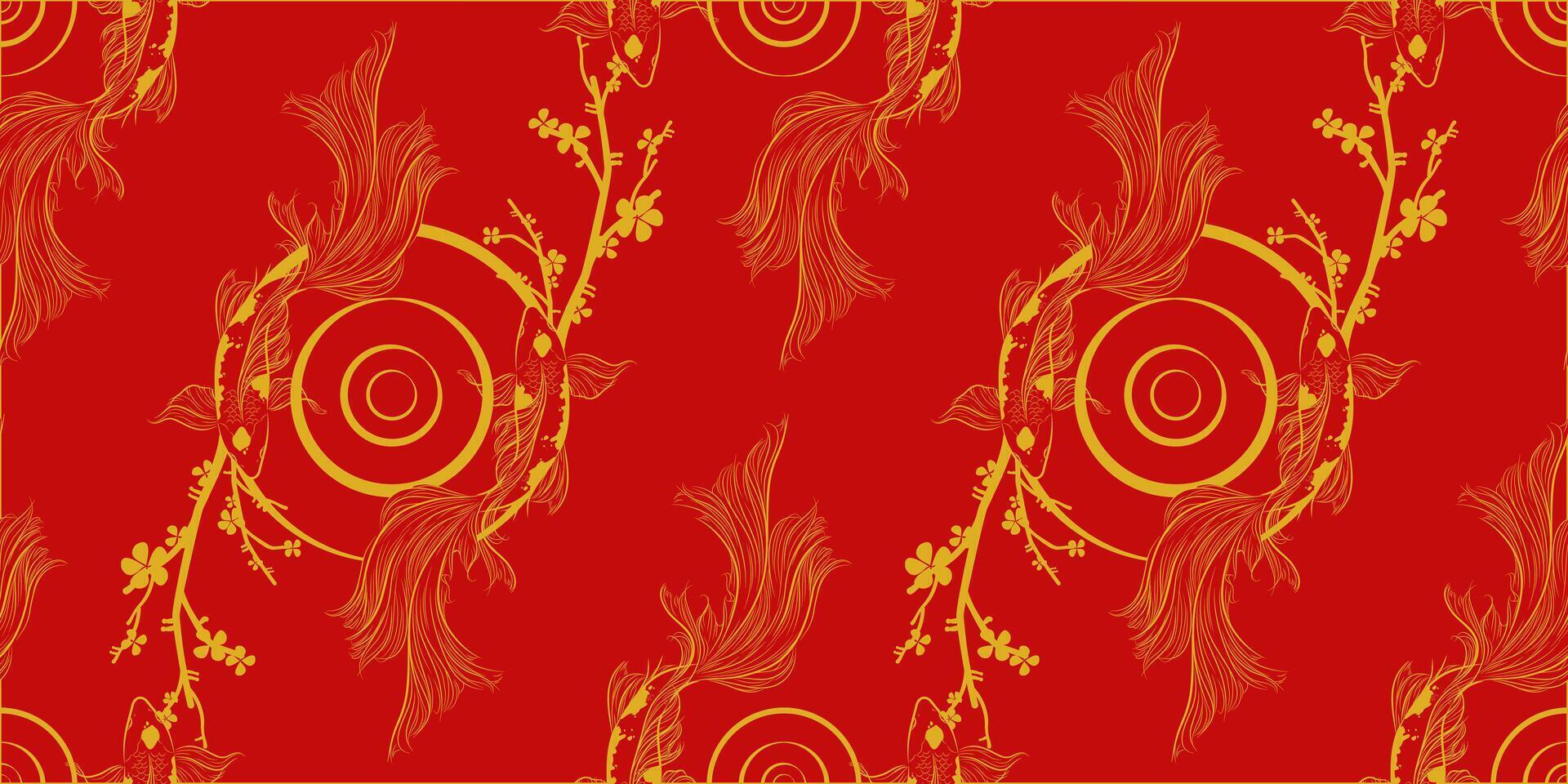banner with traditional Chinese elements and ornament. Koi carp in gold color red background with peony flowers. Chinese background.fish koi japanese chinese design sketch ink paint style vector