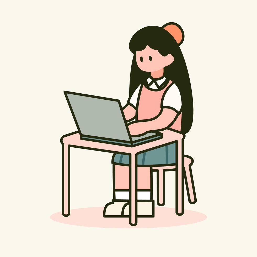 Minimalist Female Office Worker on Laptop Cute Cartoon Style vector