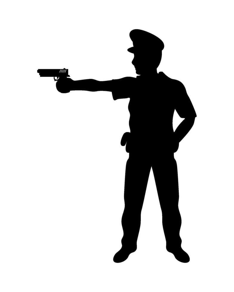Silhouette of a police officer pointing a gun vector