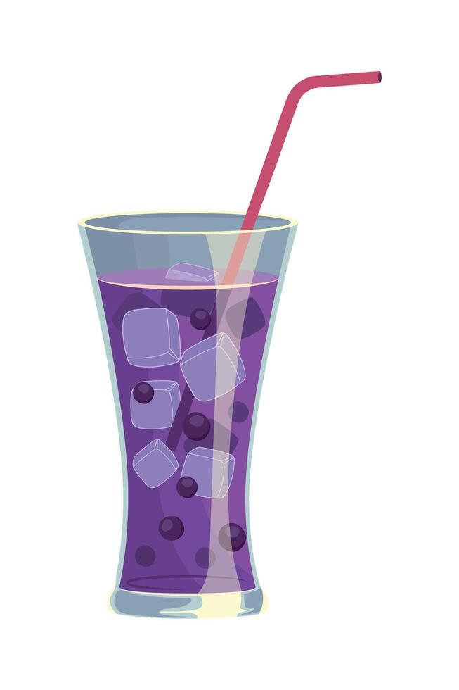 A glass of purple drink with a straw and ice cubes vector