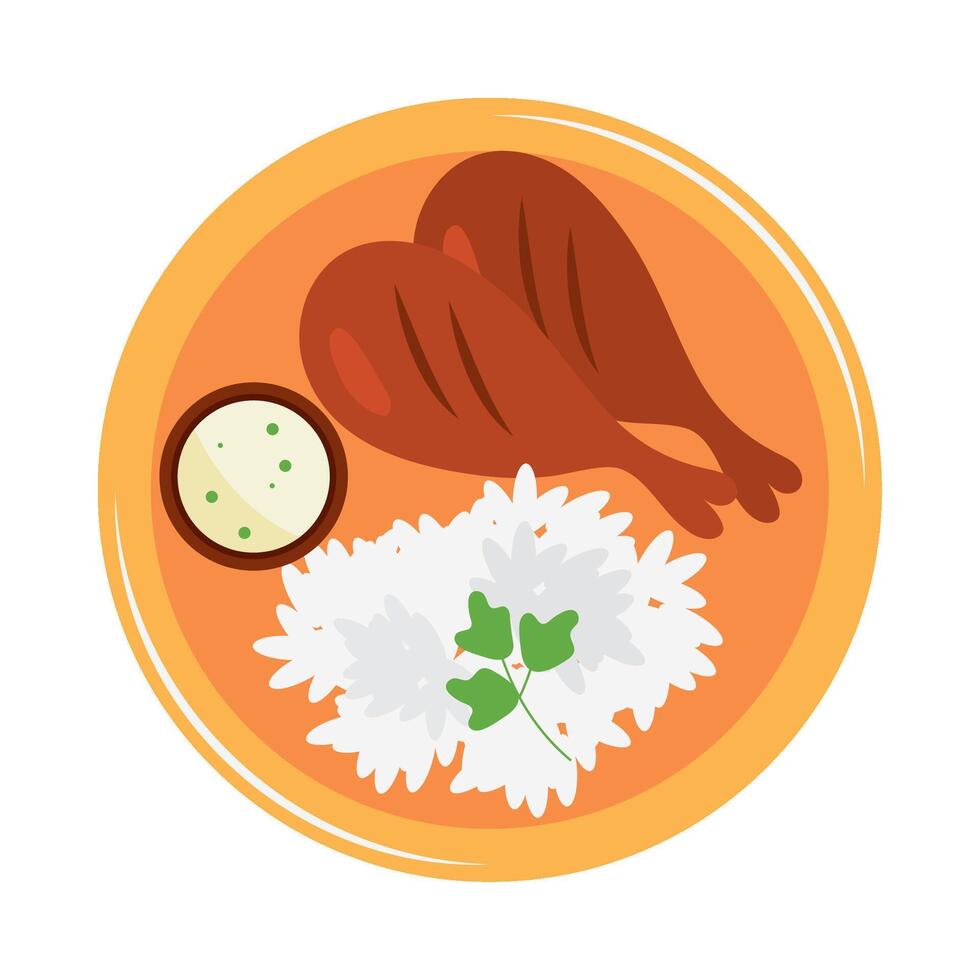A plate with rice and chicken on it vector