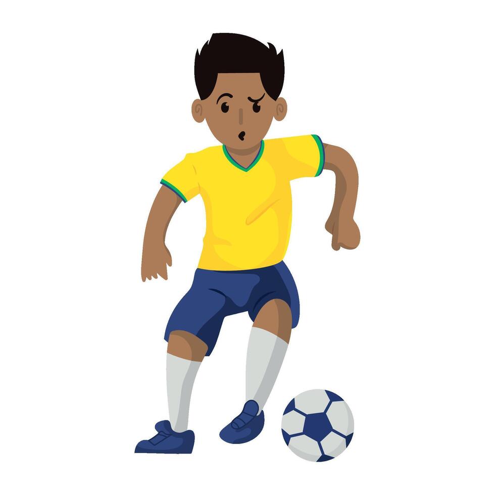 A cartoon boy in yellow and blue soccer uniform kicking a soccer ball vector