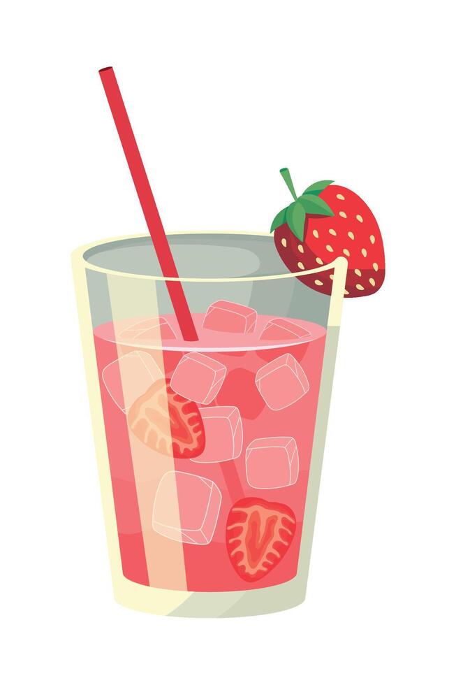 A strawberry drink with ice cubes and a straw vector