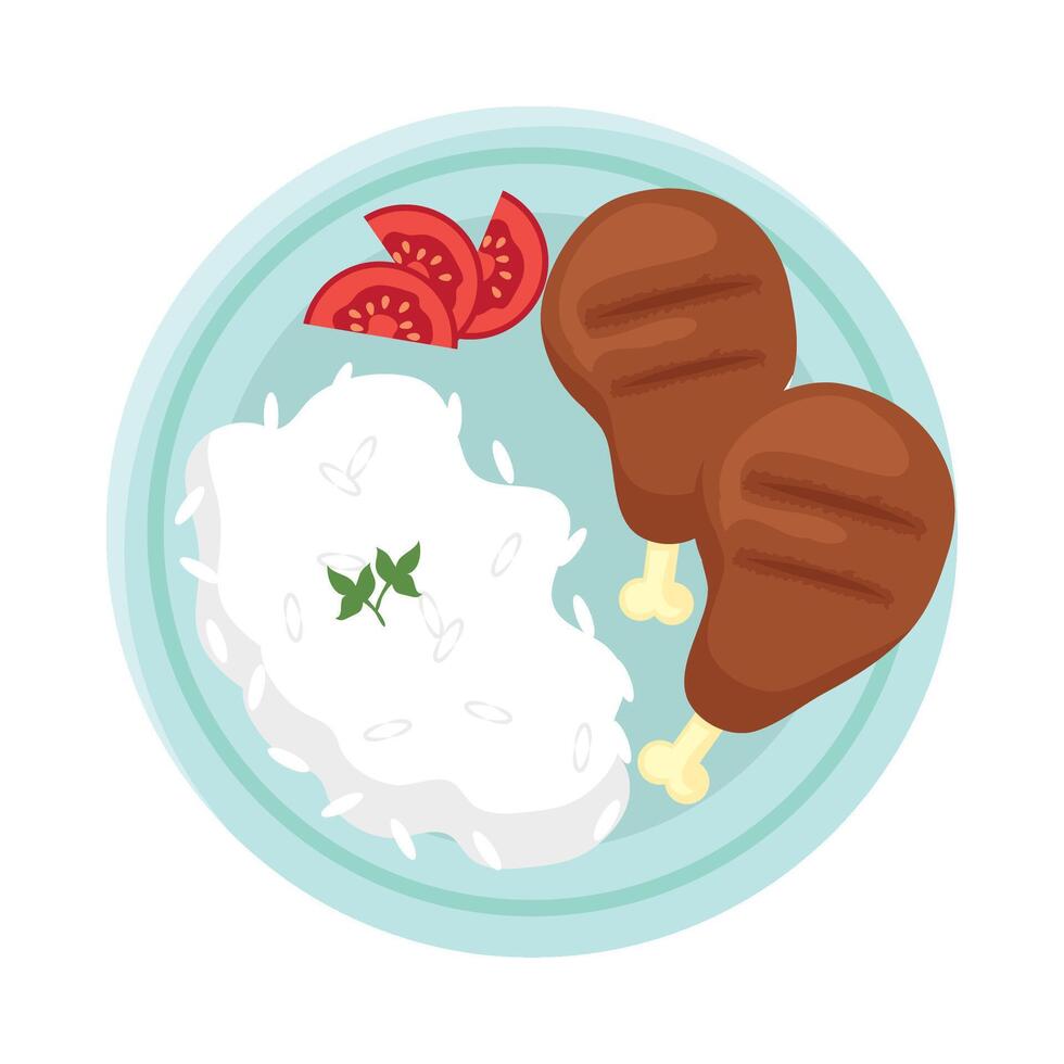 A plate with rice, chicken and tomatoes vector