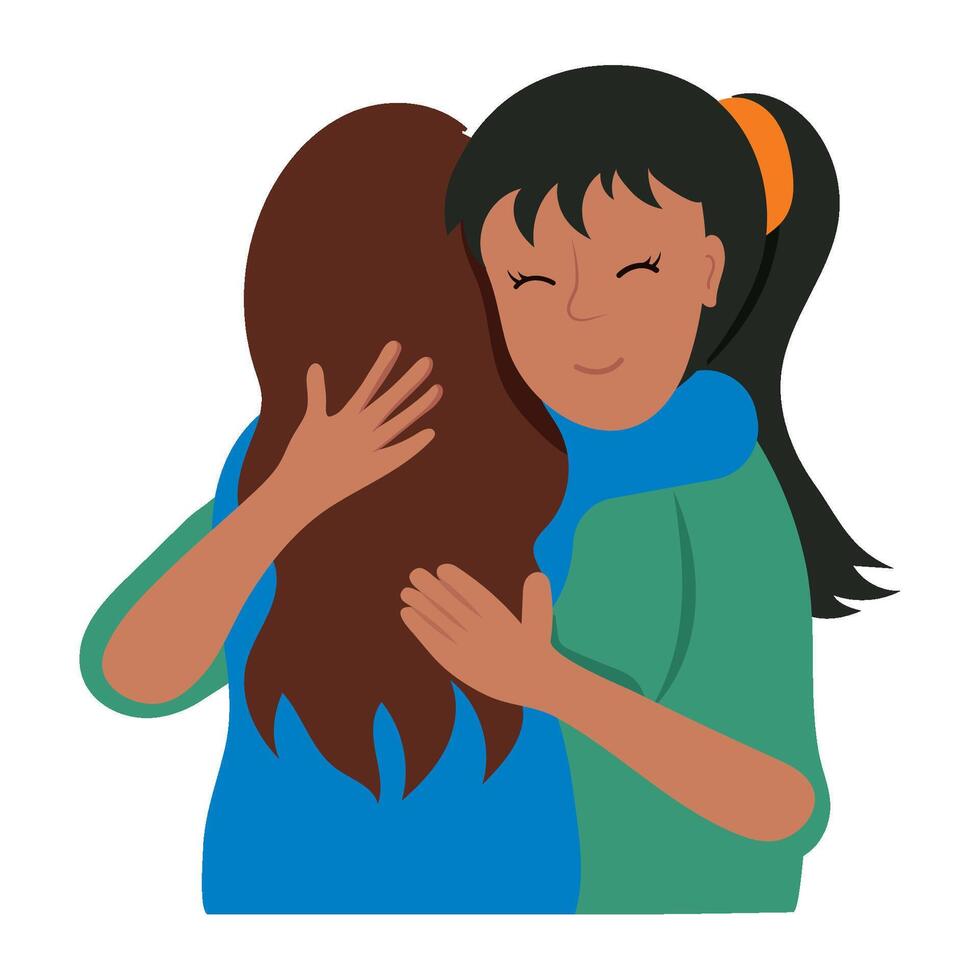 Two women hugging each other, one is hugging the other vector