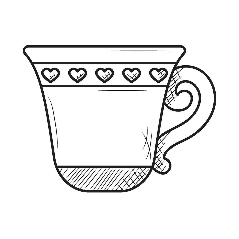 A cup with hearts on it is drawn in black and white vector