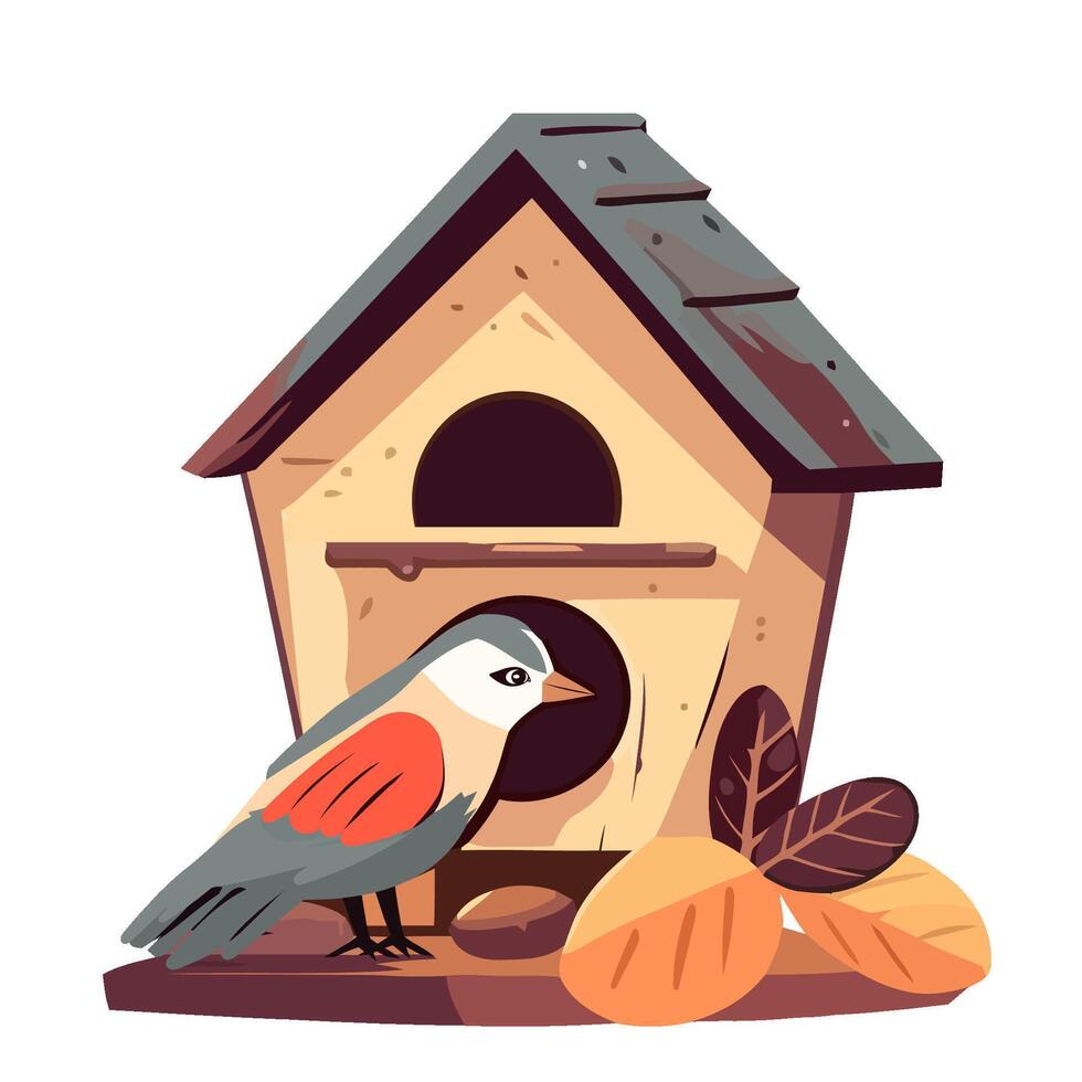 Birdhouse with bird and nuts illustration vector