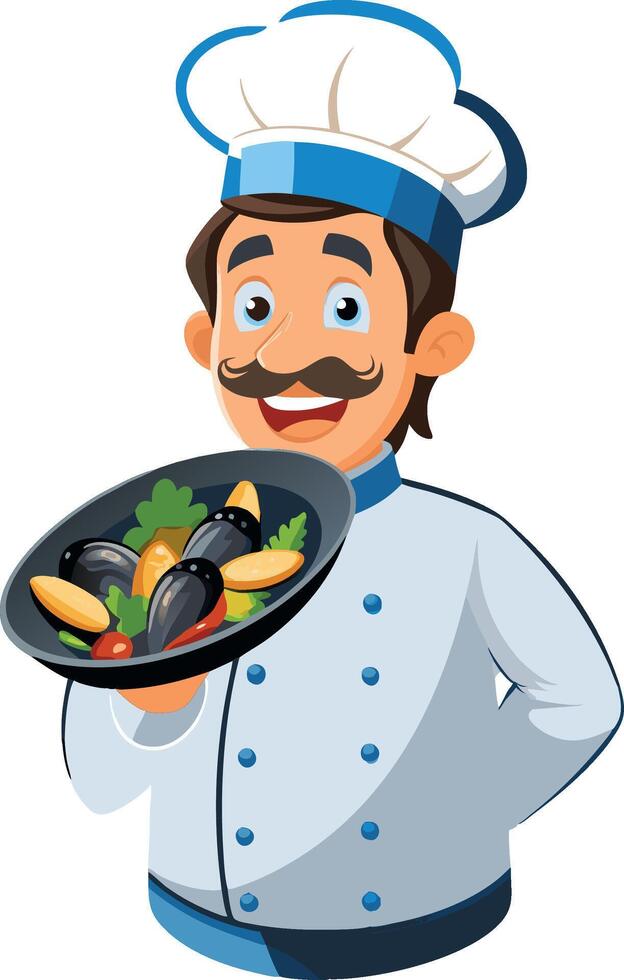 Chef holding frying pan with mussels and vegetables vector