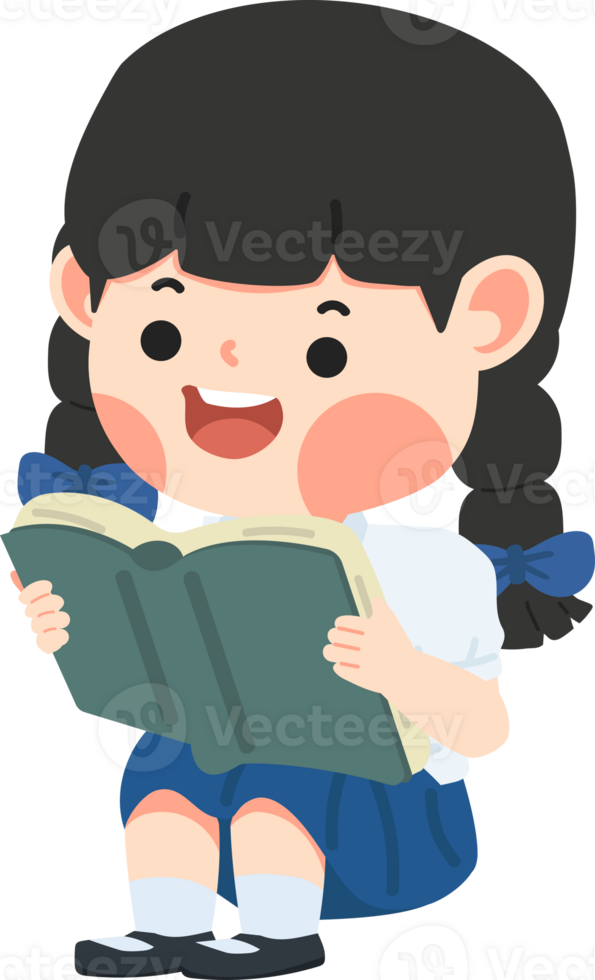 Kid girl sitting and reading a book png