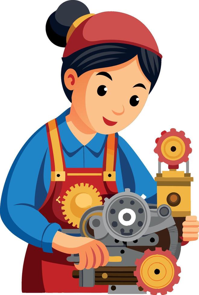 Female mechanic repairing engine with gears and cogs vector