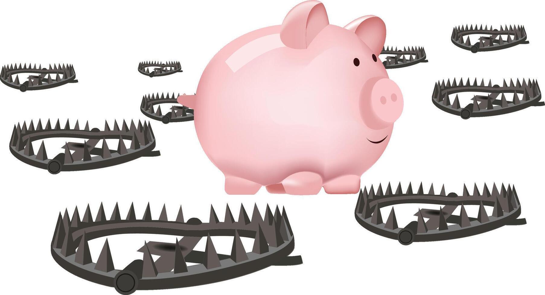 Piggy bank walking through a minefield of bear traps vector