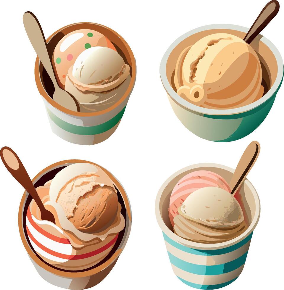 Two scoops of ice cream resting in a white bowl with a spoon- vector
