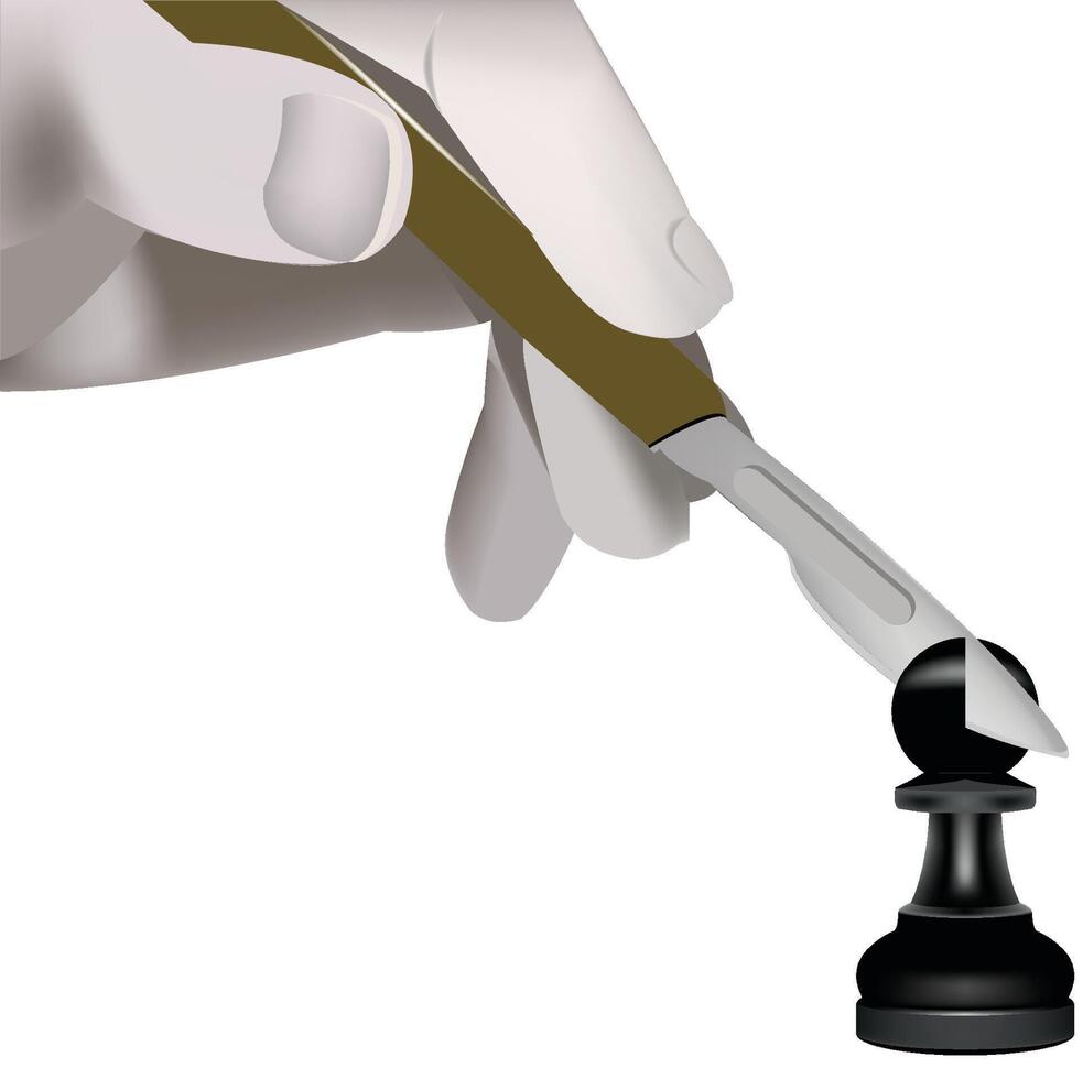 Surgeon hand holding scalpel operating on chess pawn vector