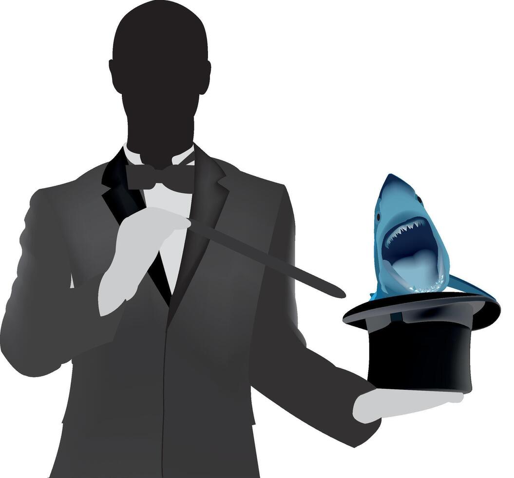 Magician conjuring shark appearing from top hat vector