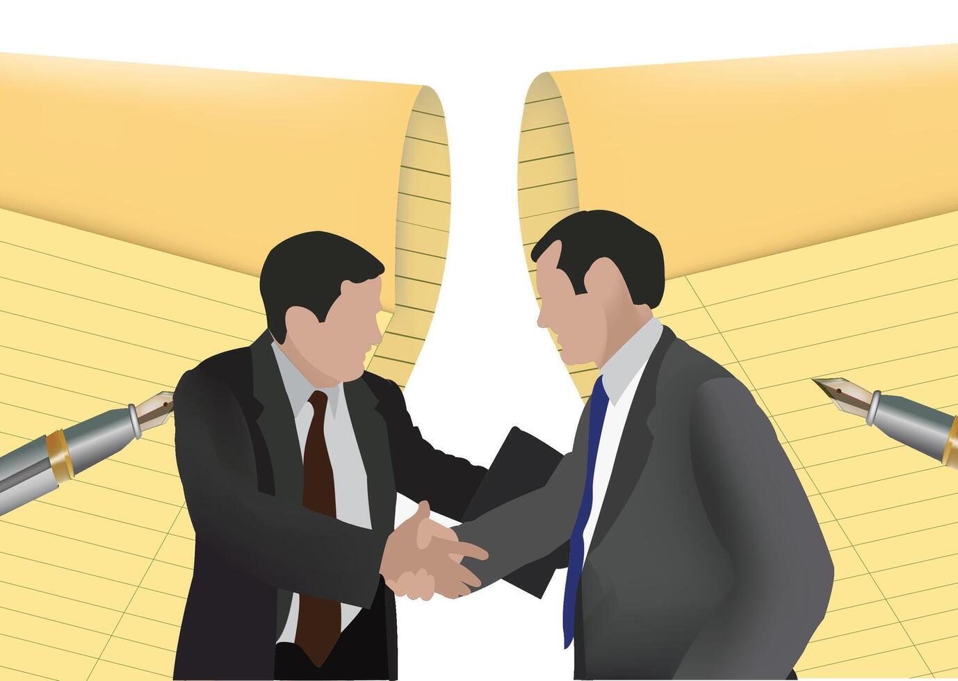 Two businessmen shaking hands in front of contracts being signed vector