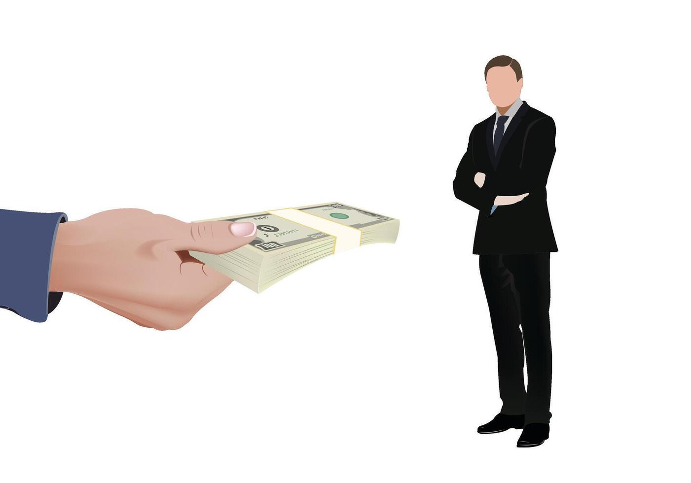 Businessman standing with crossed arms watching hand holding out stack of money vector