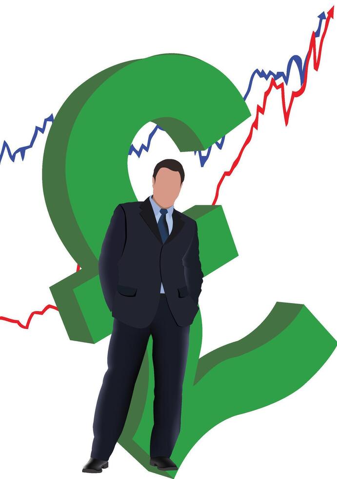 Businessman standing with pound symbol and positive trend graph vector