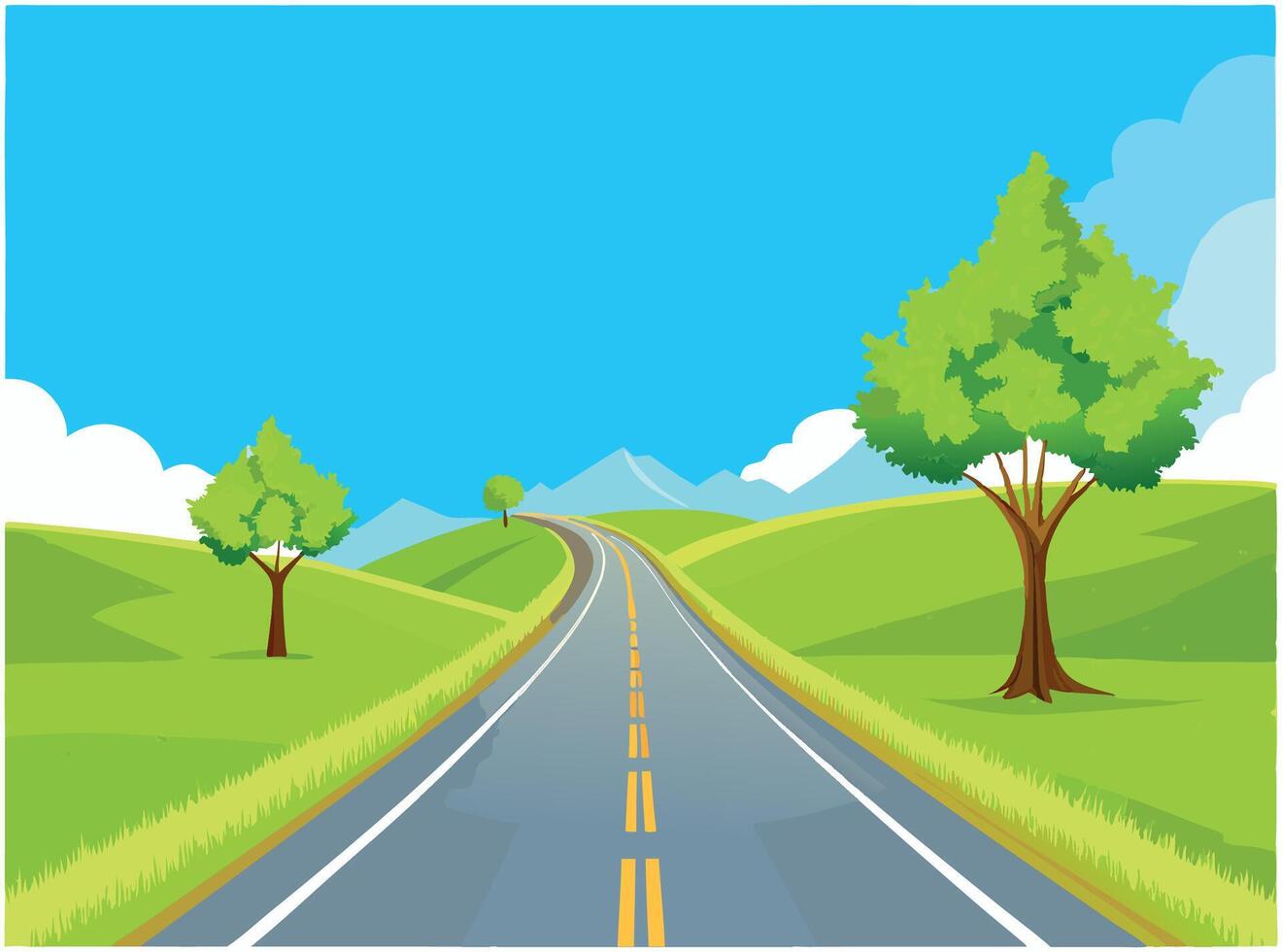 Winding road leading through green hills on sunny day vector