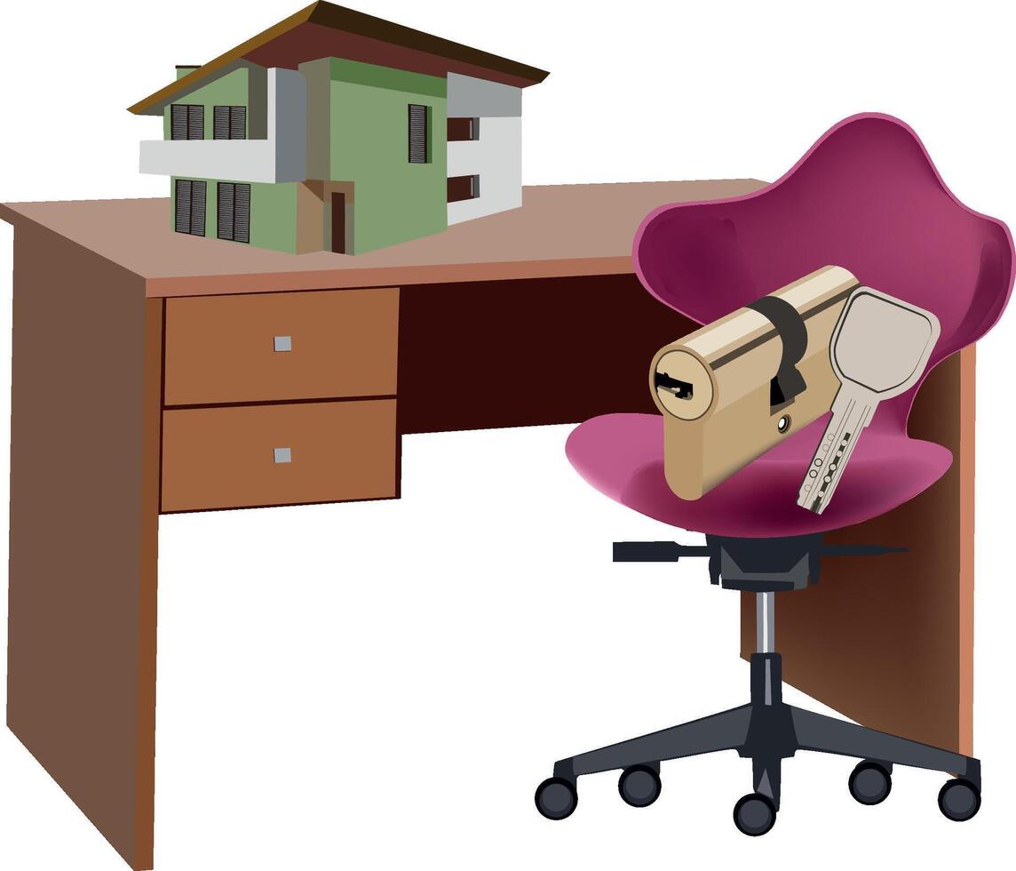 Real estate agent offering new house keys on desk with model home vector