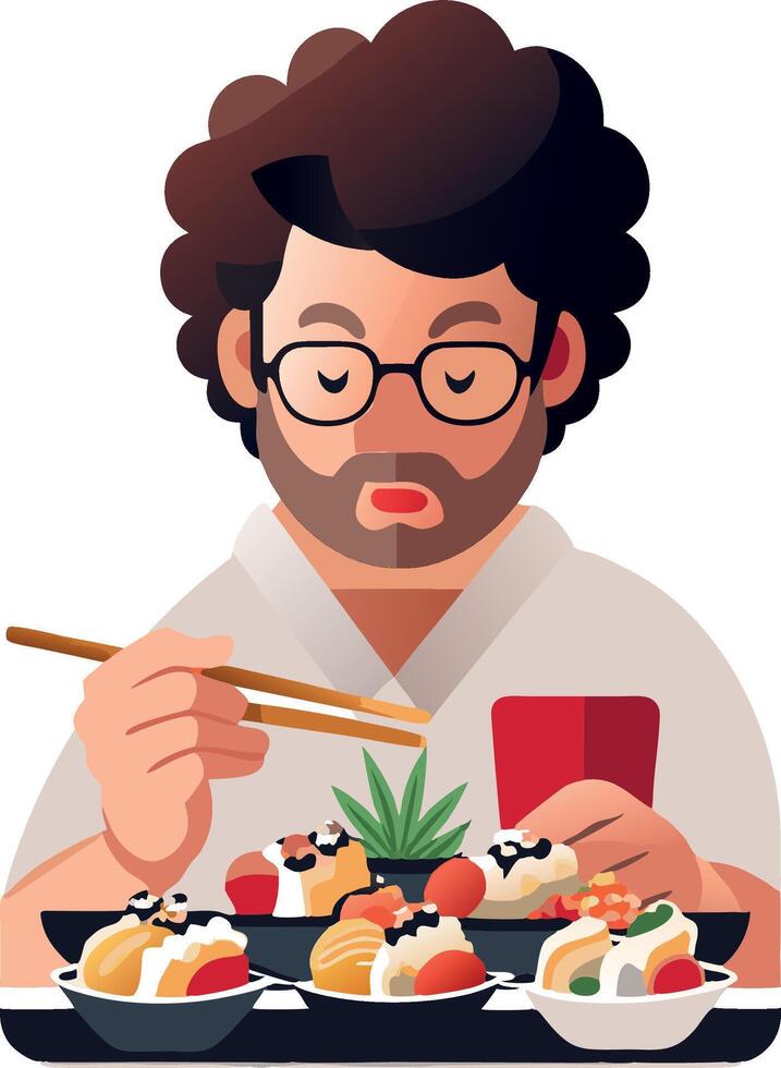 Hungry man enjoying eating sushi using chopsticks with funny expression vector