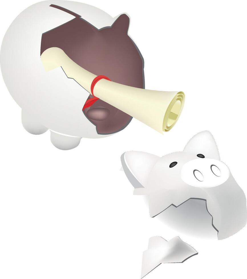 Broken piggy bank showing empty inside with a diploma coming out from it vector