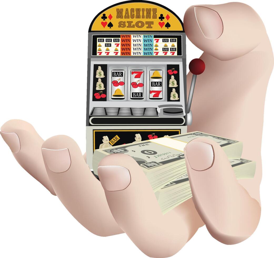 Hand holding one hundred dollar bills with slot machine behind vector
