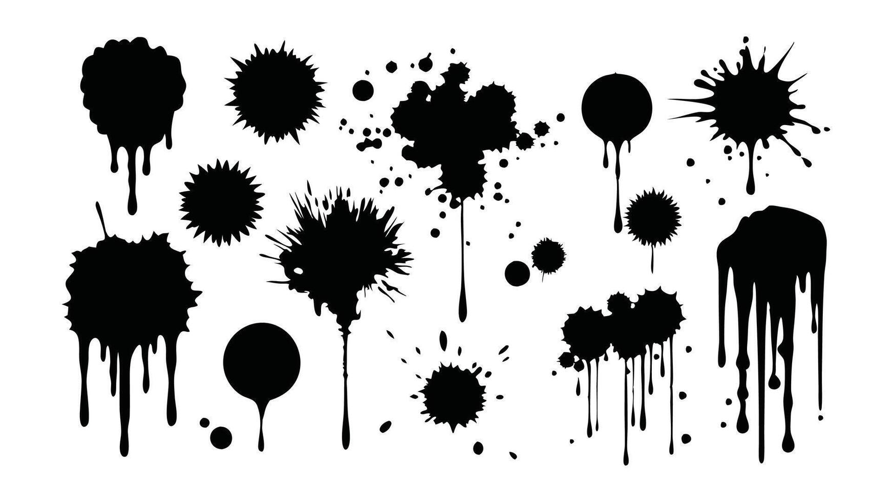 Grungy paint brush strokes and artistic ink splatters with smears and stains linocut flat illustration. vector