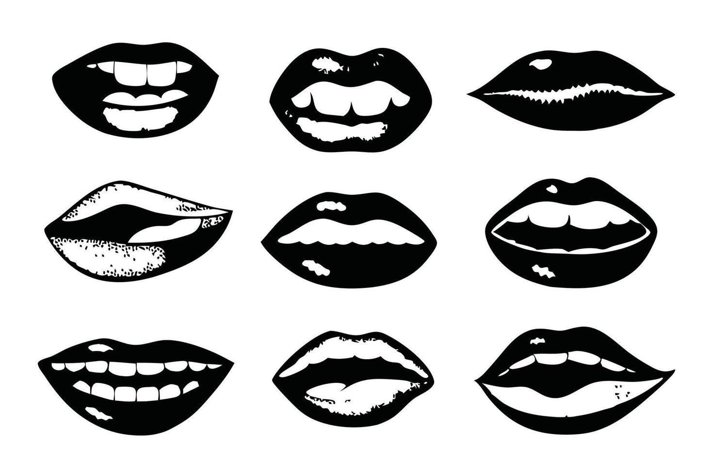 Lips and mouth in scream with monochrome photocopy effect, for grunge punk y2k collage design linocut flat illustration on white background. vector