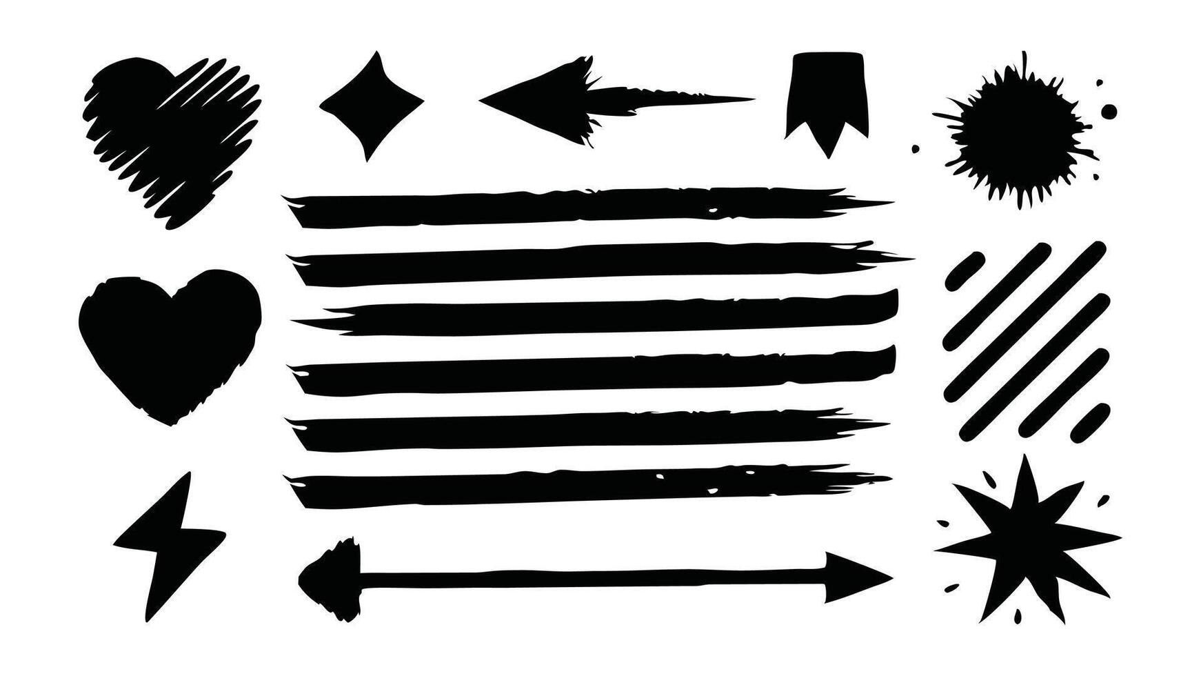 Grunge charcoal scribble stripes, emphasis arrows, hand drawn doodle bold shapes linocut flat illustration vector