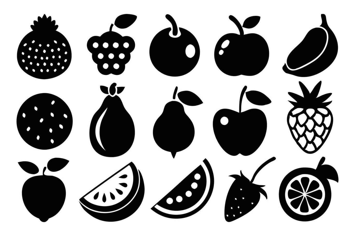 Black Fruits Hand drawn icons set isolated flat illustration on white background. vector