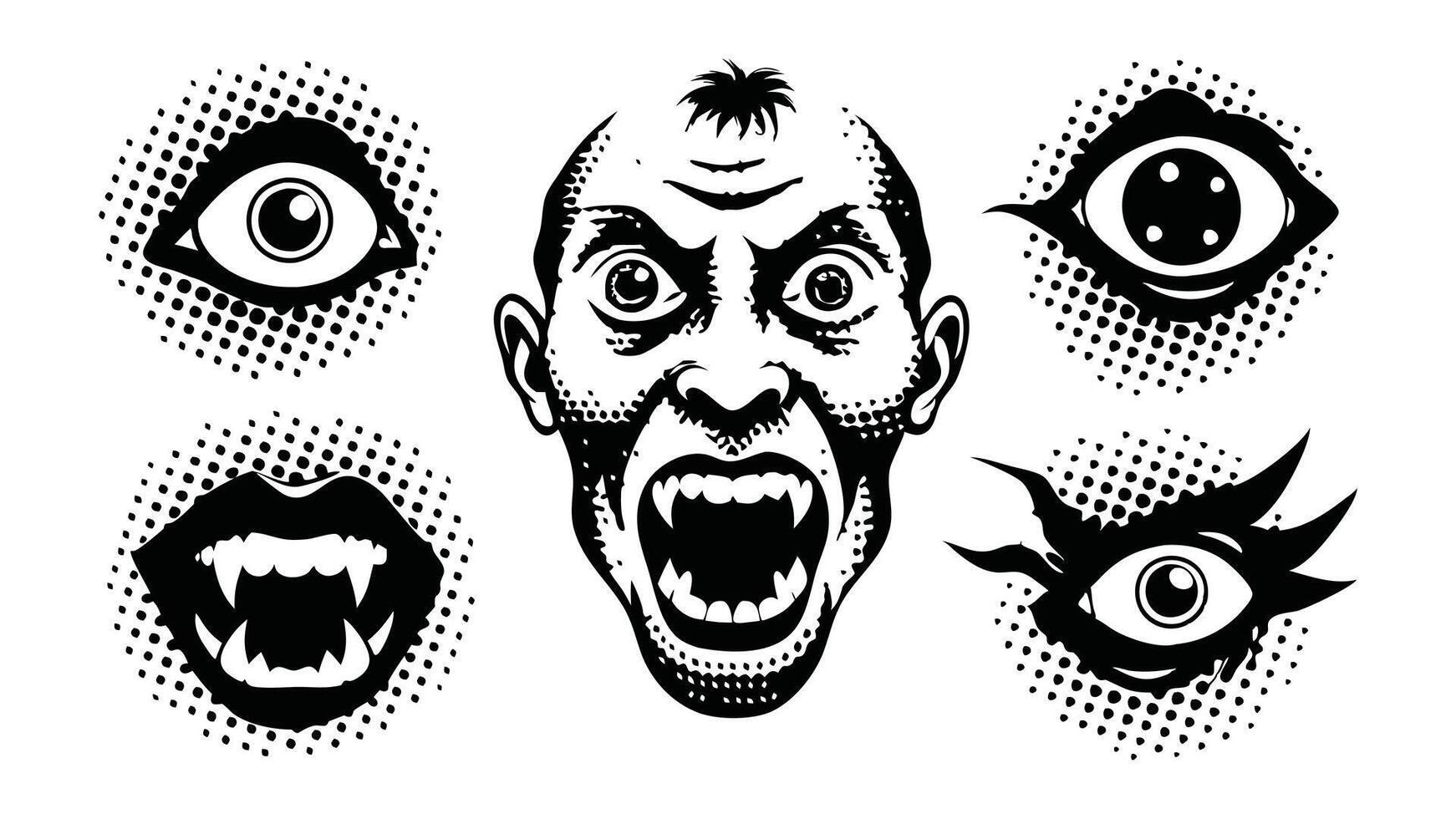 Eyes, mouth, head with halftone stipple effect, design for poster, banner etc linocut flat illustration vector