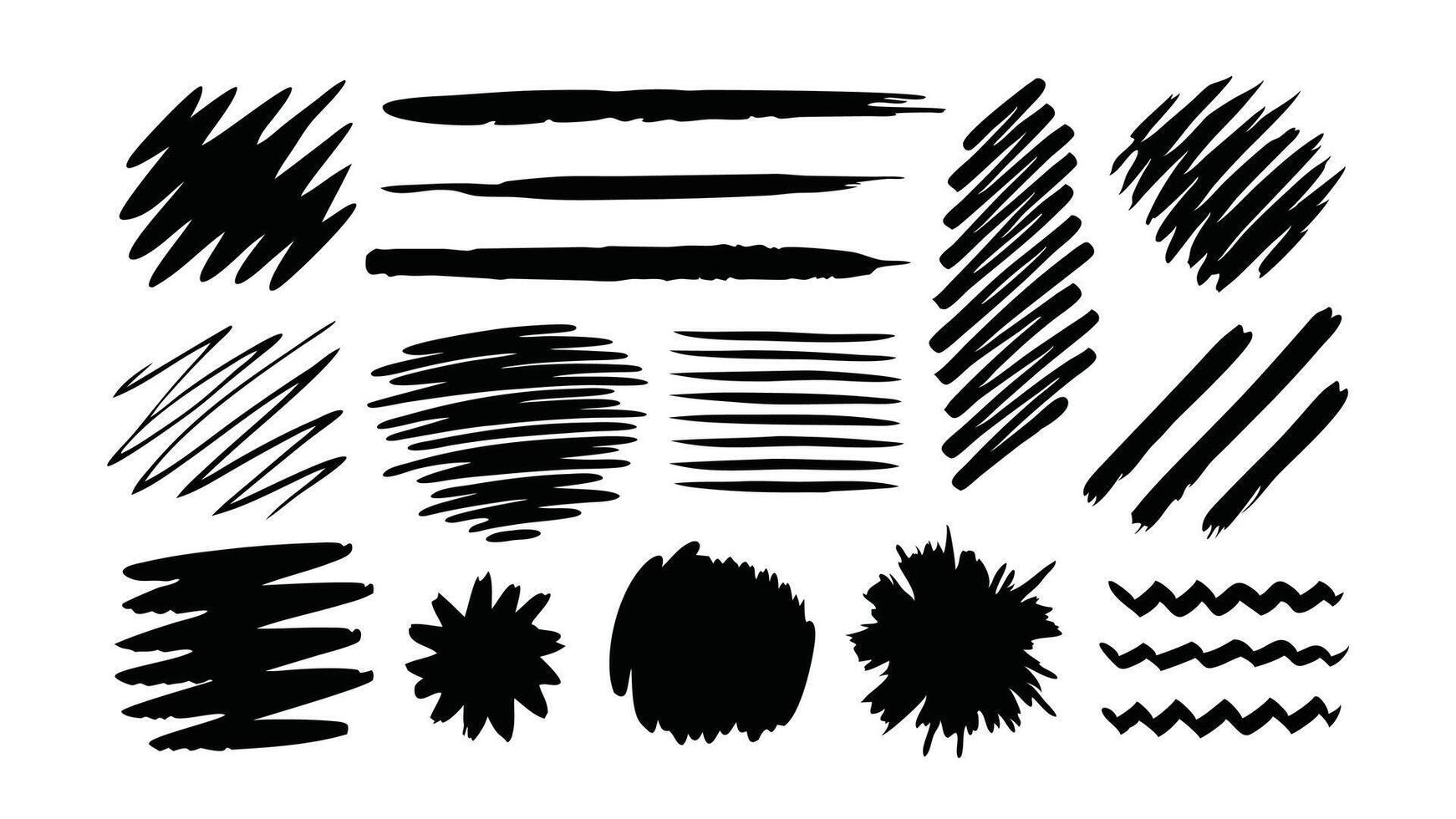 Hand drawn Grunge scrawls, charcoal scribbles, rough brush strokes, underlines strikethroughs. Bold charcoal freehand stripes and ink shapes set flat illustration vector
