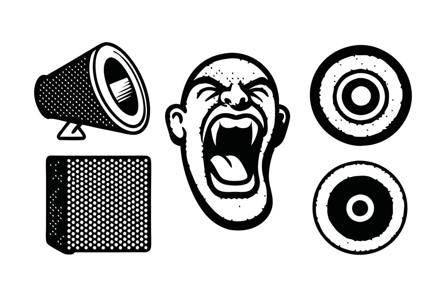 Mouth, speaker, head, strong fist, halftone photocopy stipple effect, for grunge punk y2k collage linocut flat design illustration vector