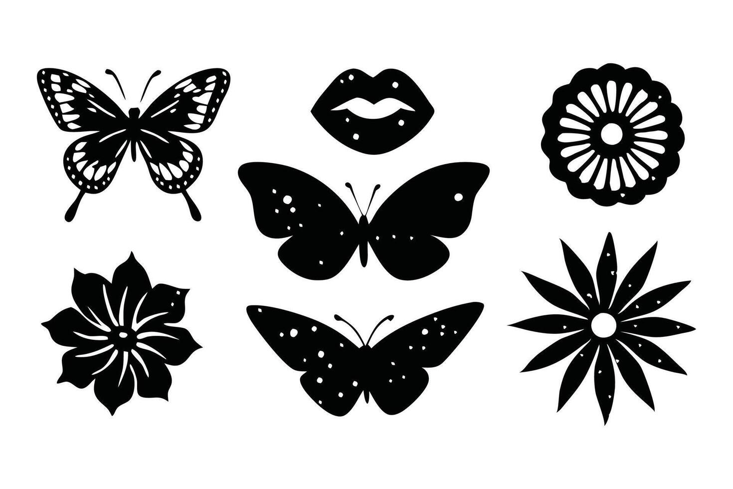 Flower, butterflies, heart, lips Linocut style flat illustration on white background vector