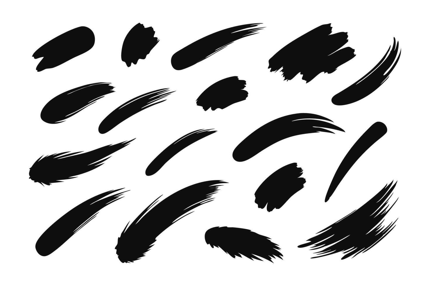 Dynamic black brush strokes scattered across a white canvas, showcasing an interplay of form and negative space isolated flat illustration on white background vector