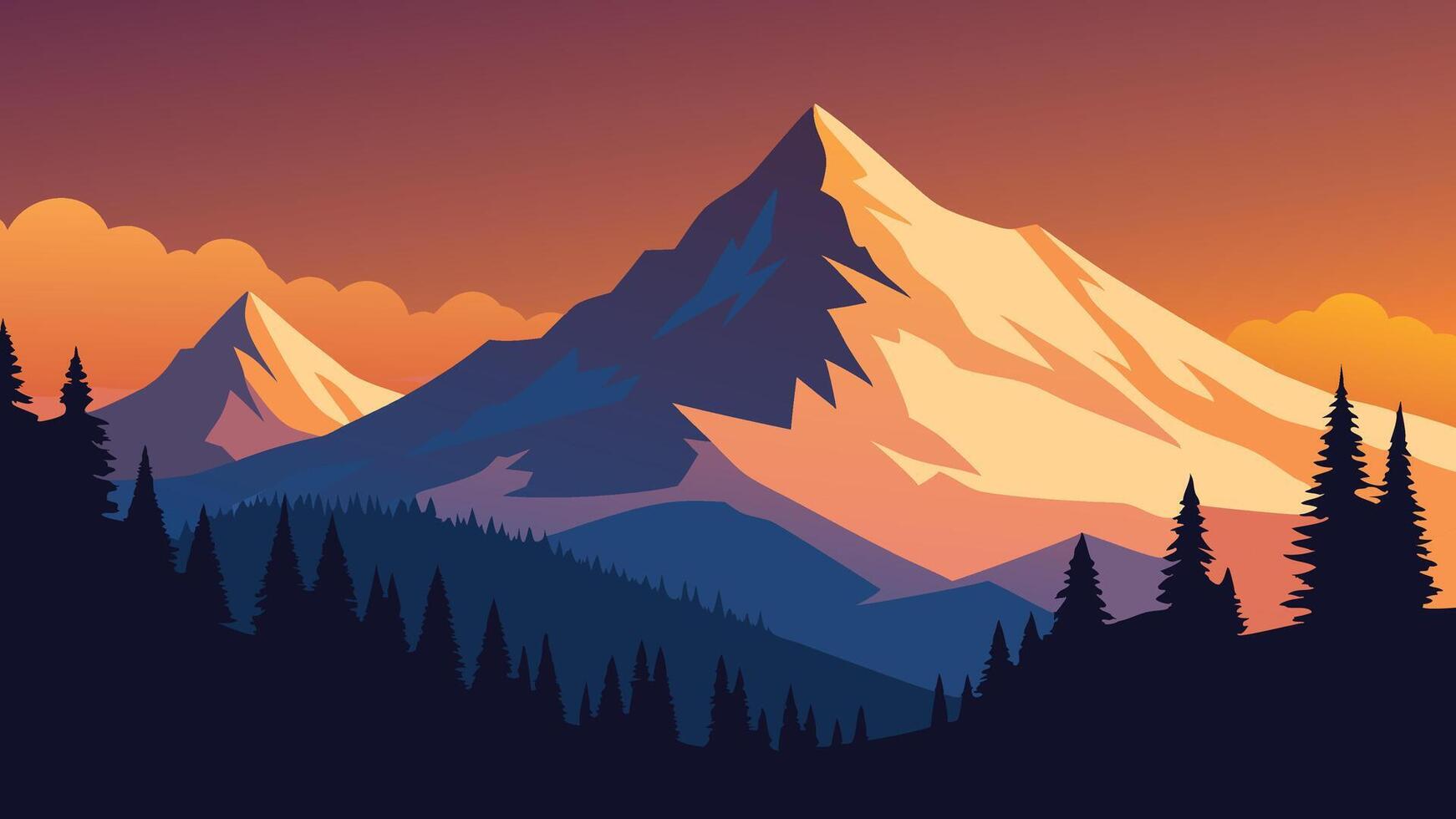 Majestic mountains with snow-laden trees basking in the golden light of sunset, showcasing a tranquil winter scene flat illustration. vector