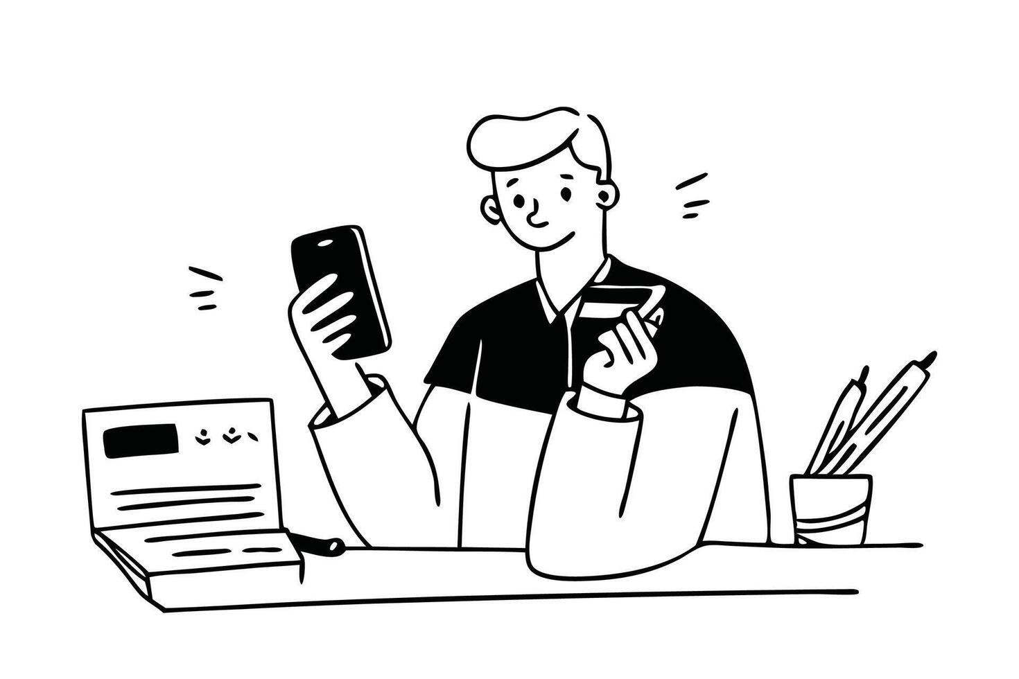 Hand drawn businessman sitting in office at desk and using mobile phone and credit card doodle line art flat illustration vector